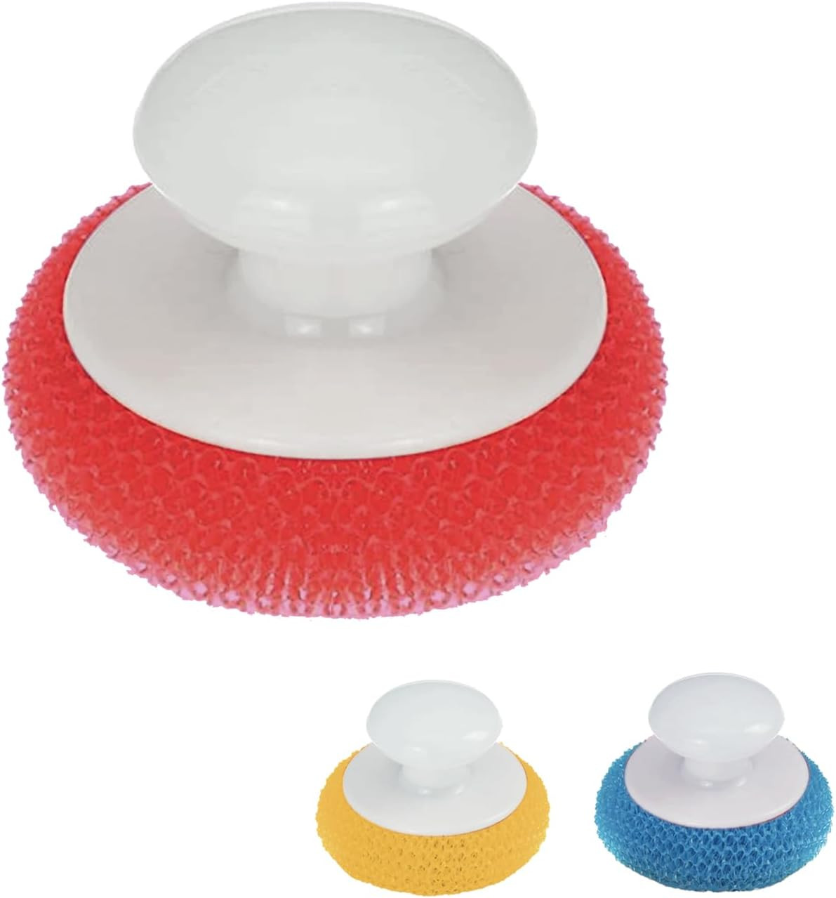 Plastic Mesh Non-Scratch Scouring Pad, Hand Saving Comfort Knob, Red, Blue or Ye