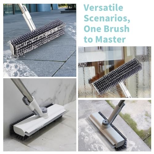 Heavy-Duty Floor Scrub Brush with Long Handle – 3 in 1 Stiff Bristle Cleaner for