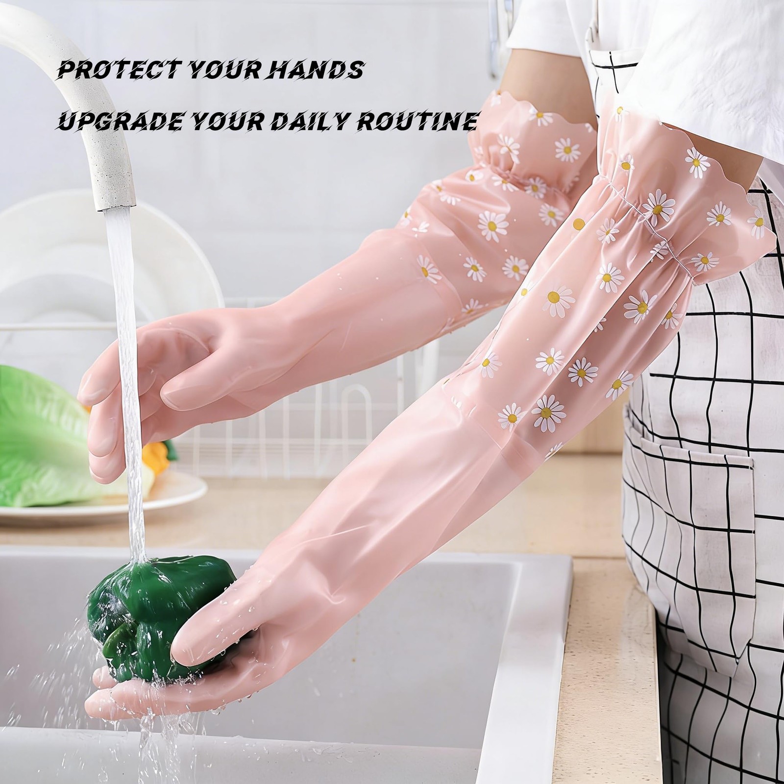 ITISMUNGO Dishwashing Cleaning Gloves Thick Waterproof String, Pink and White