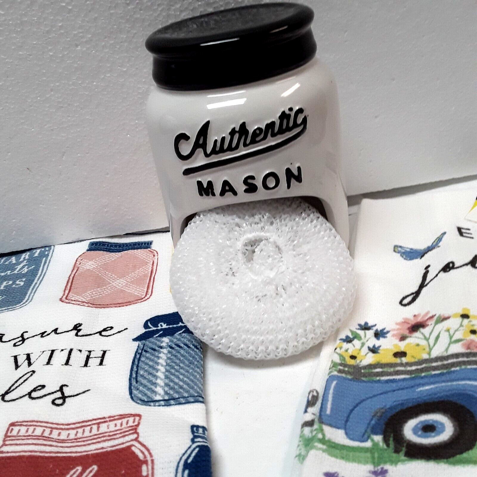 2 Cute Blue Truck and Cute SayingDish Towels Ceramic Scrub Pad Holder