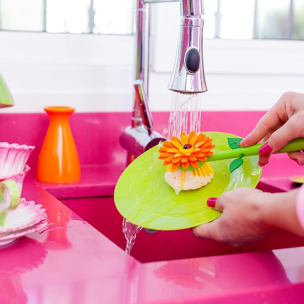 Flower Power Dish Brush with Handle and Vase Holder – Dish Scrub Brush for Di…