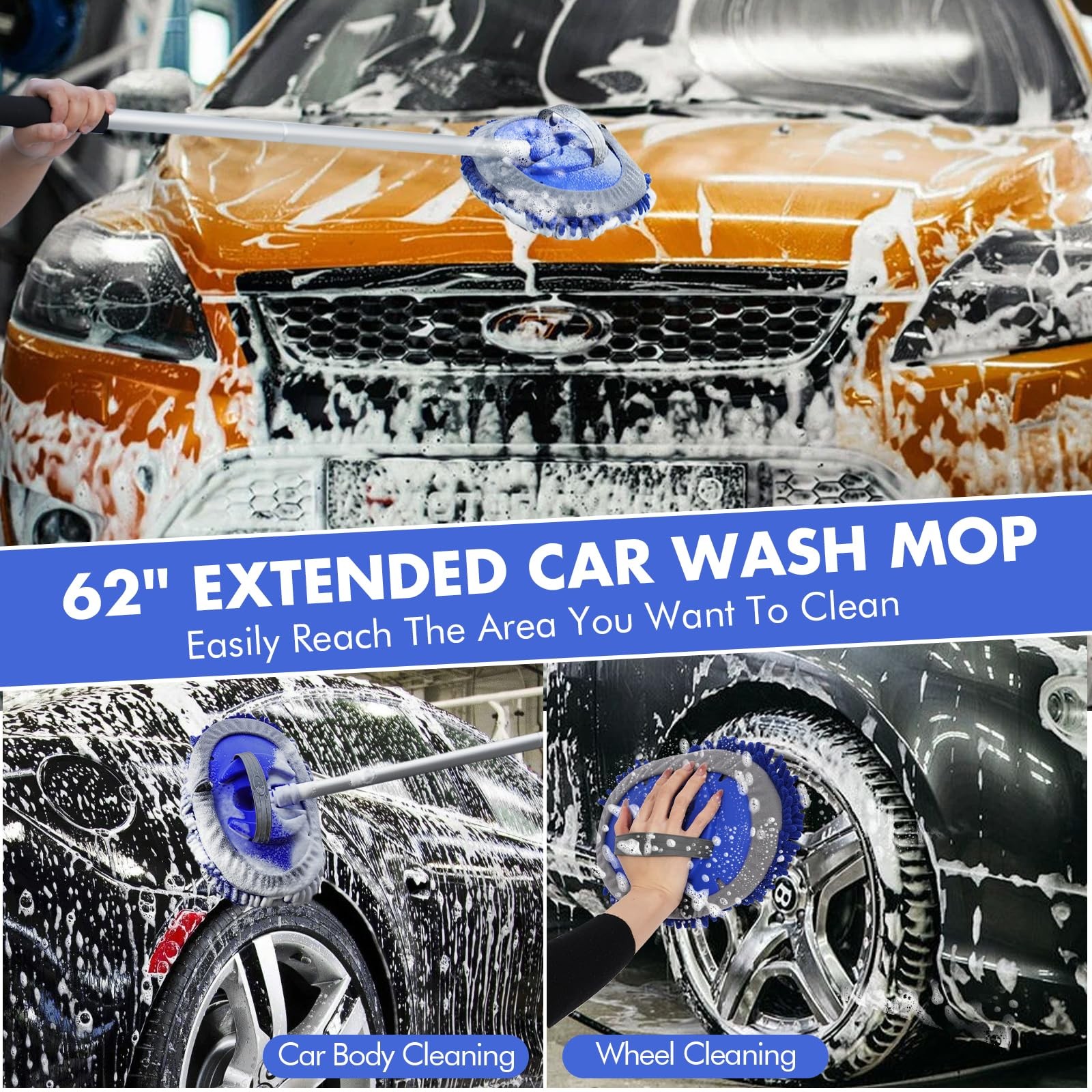 62” Car Wash Brush with Long Handle, Scratch-Free Car Wash Mop Kit with Car …