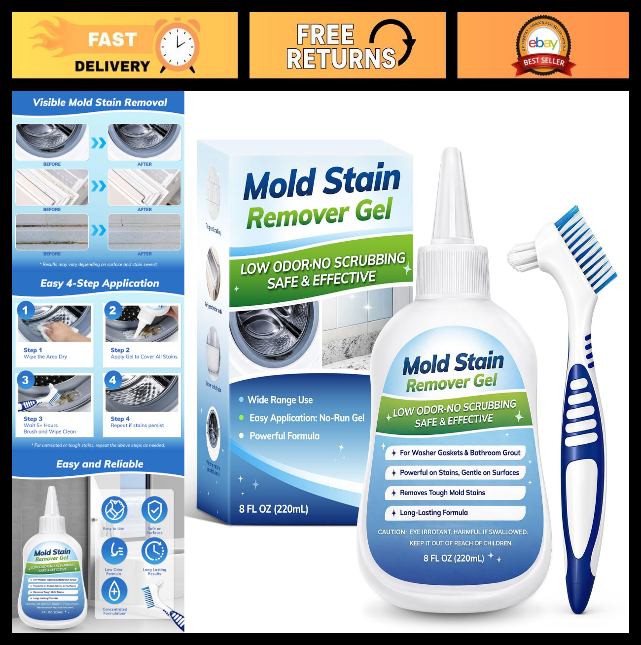 Mold Stain Remover Gel for Washing Machines & Bathrooms – Low Odor, Safe for Gro