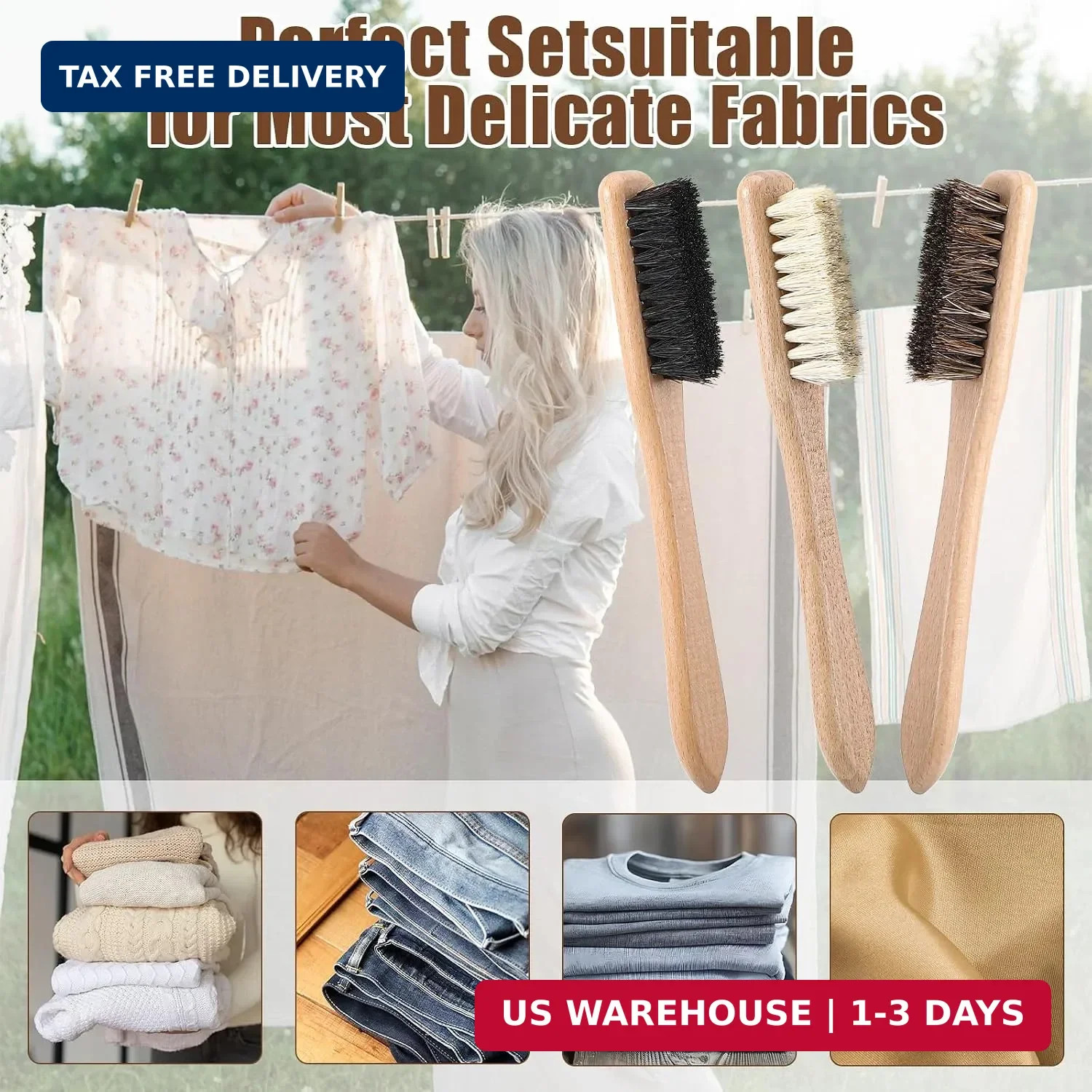 3 Pcs Laundry Stain Brush, Wood Laundry Stain Brush with Boar Bristle for Scrubb