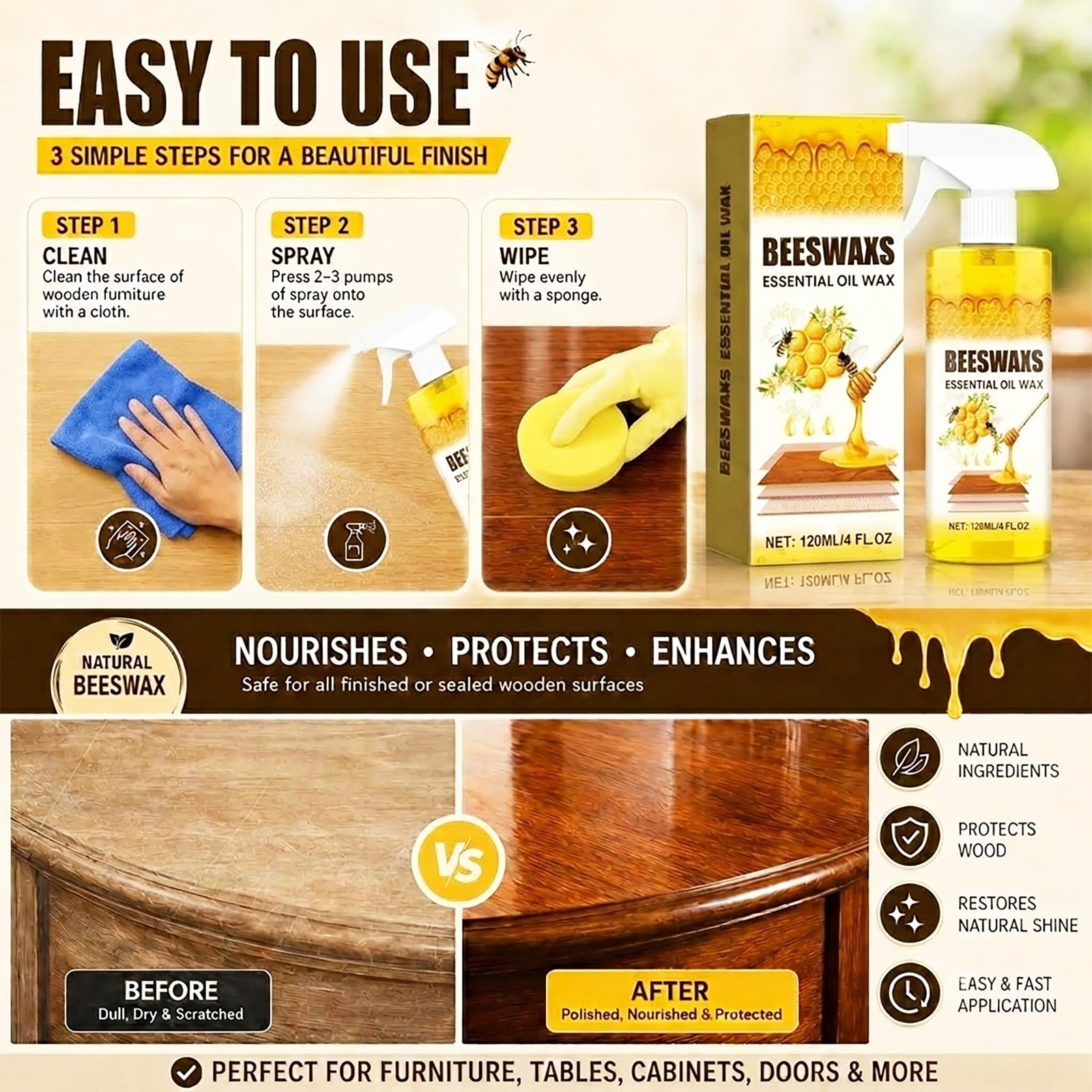 Natural Beeswax Wood Polish Spray with Sponge & Towel