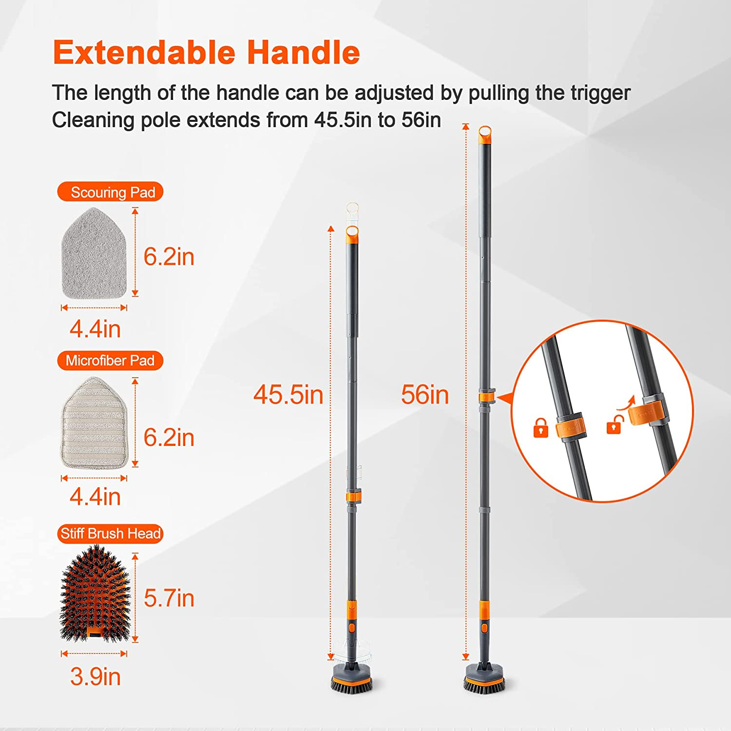 Tile Tub Scrubber Brush with 3 Different Function Cleaning Heads and 56″ Extenda
