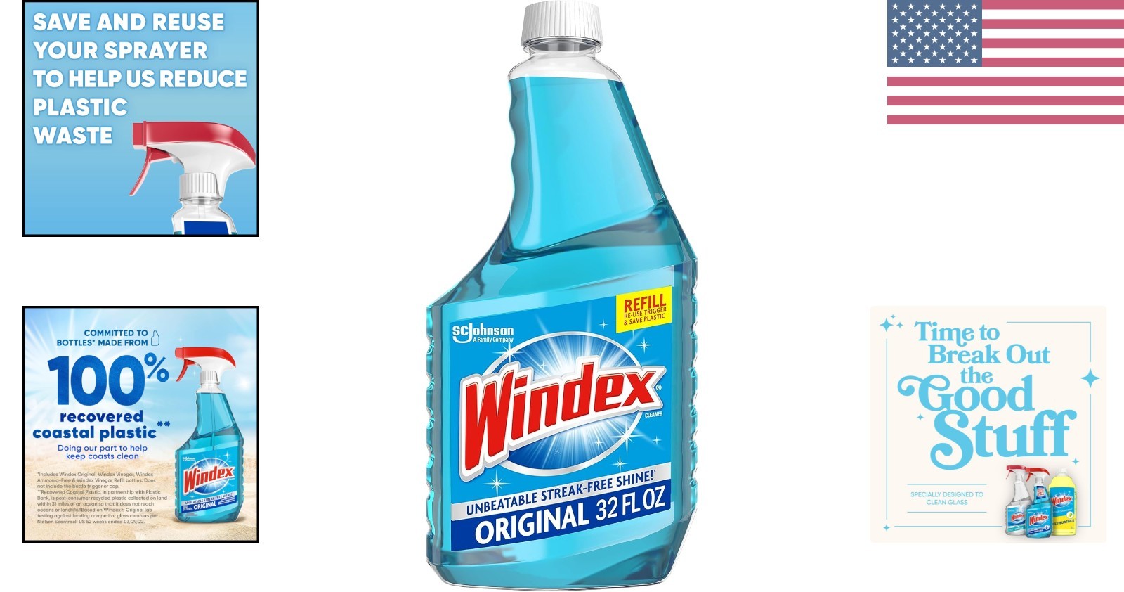 Windex Blue Glass Cleaner – 32 Fl Oz, Made from 100% Recycled Plastic