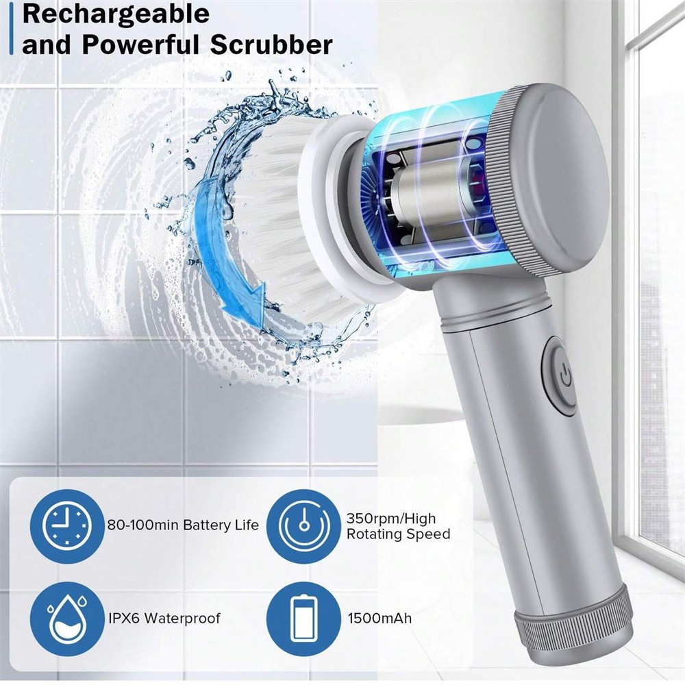 Electric Spin Scrubber Cordless – 5 Brush Heads, Multi-Function Cleaner for Tile