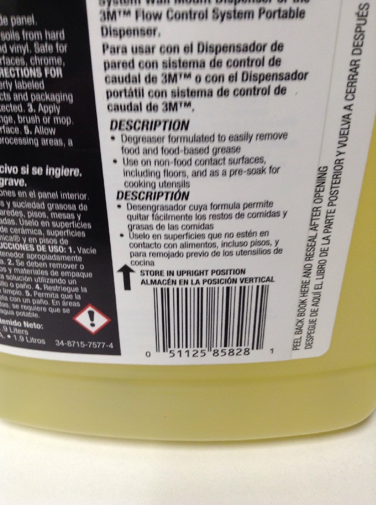 Food Service Degreaser, Yellow ,3M, 7A. 39CZ54 Yield per Container 149 Gallons.!