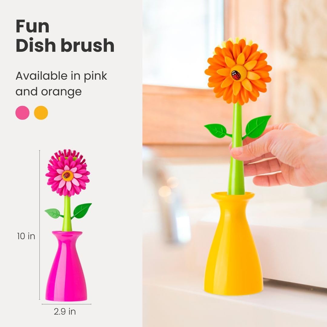 Flower Power Dish Brush with Handle and Vase Holder – Dish Scrub Brush for Di…