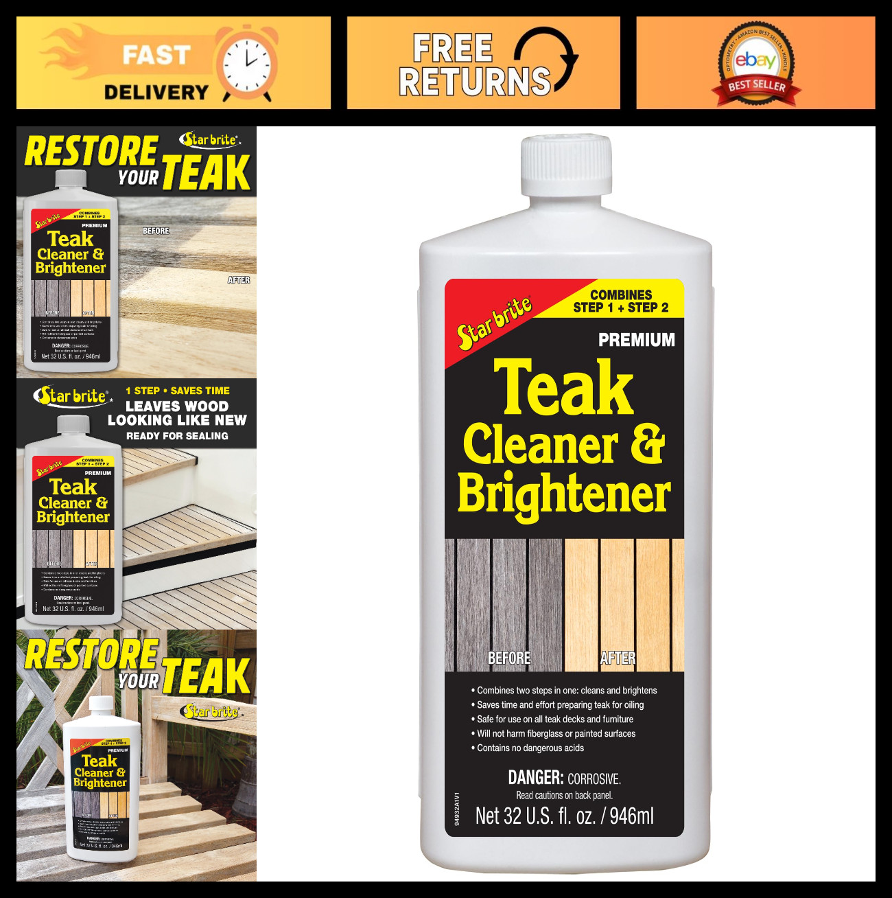 Teak Cleaner & Brightener for Weathered Wood – 32oz Restores Natural Beauty
