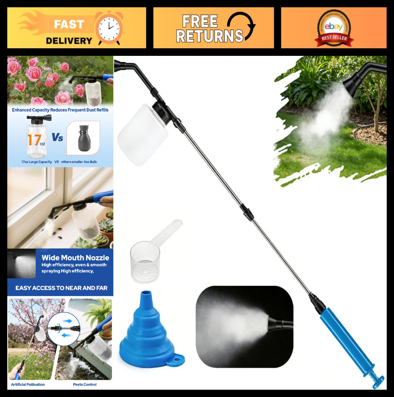 Diatomaceous Earth Powder Duster 250ml – Adjustable 17-50″ Sprayer, Ergonomic Ap
