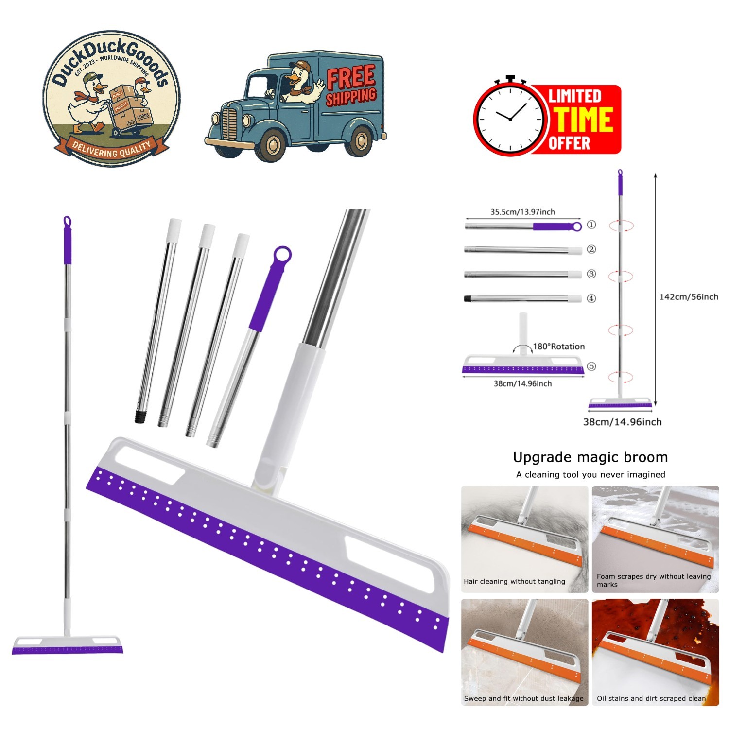 Magic Broom 4-in-1 Silicone Floor Squeegee with 56″ Handle – Effortless Cleaning