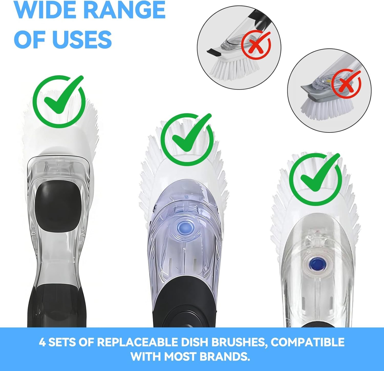 Dish Brush Refills 4 Pack White Replacement Brush Heads Compatible W/ OXO Dish