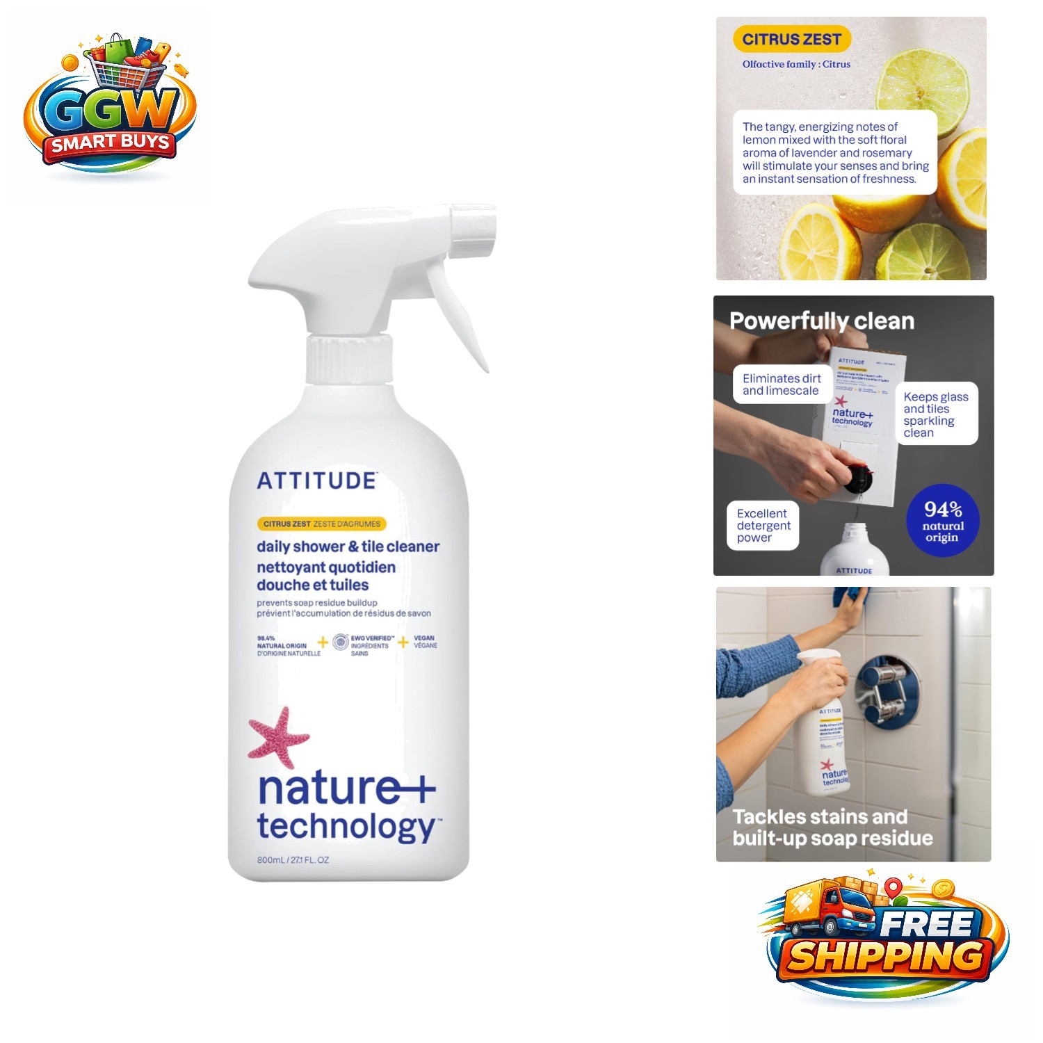 Natural Daily Shower Cleaner – EWG Certified, Removes Soap Scum, 27.1 Fl Oz