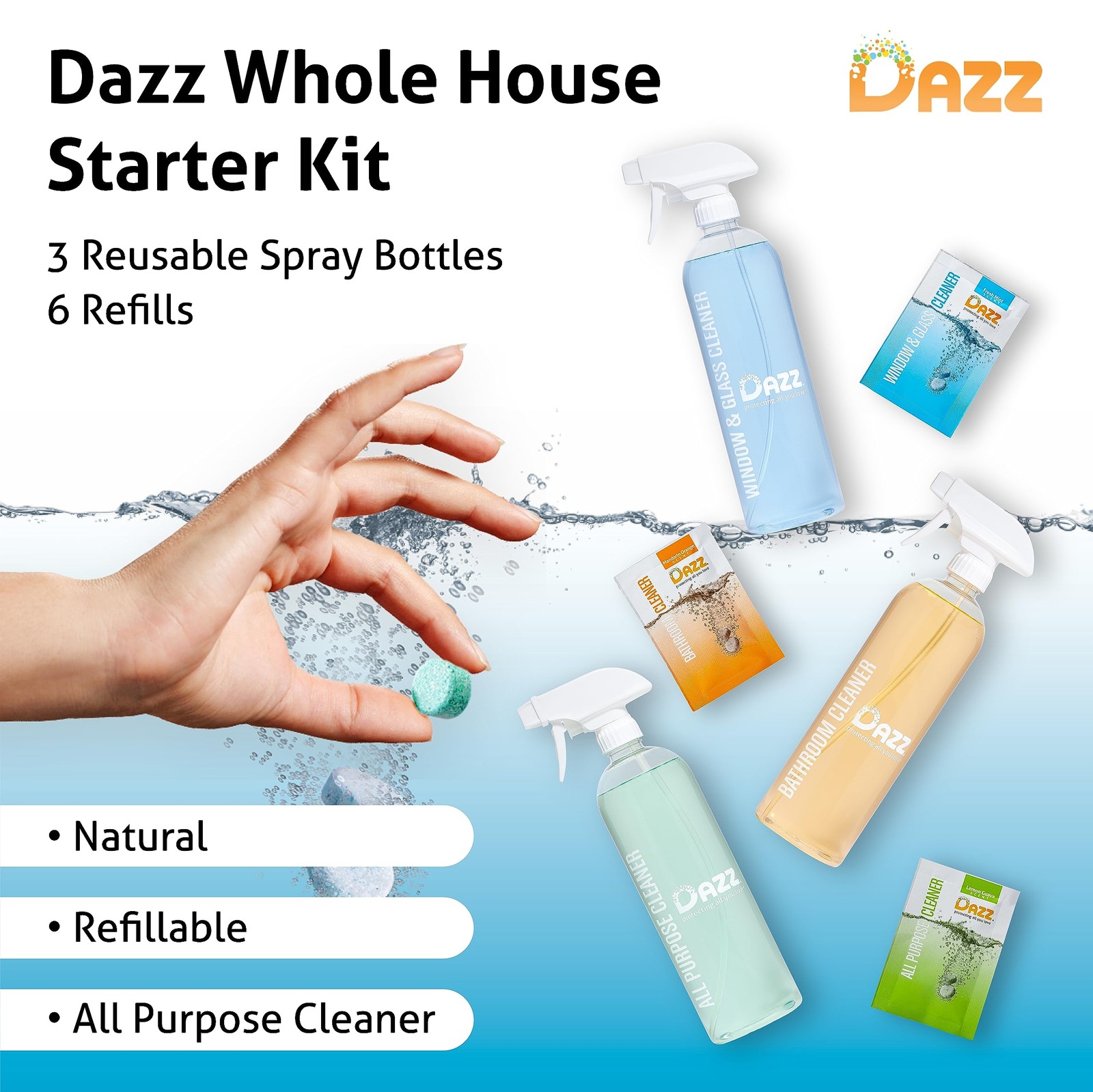 Whole House Starter Kit (3 Reusable Spray Bottles, 6 Refills) Natural All Pur…