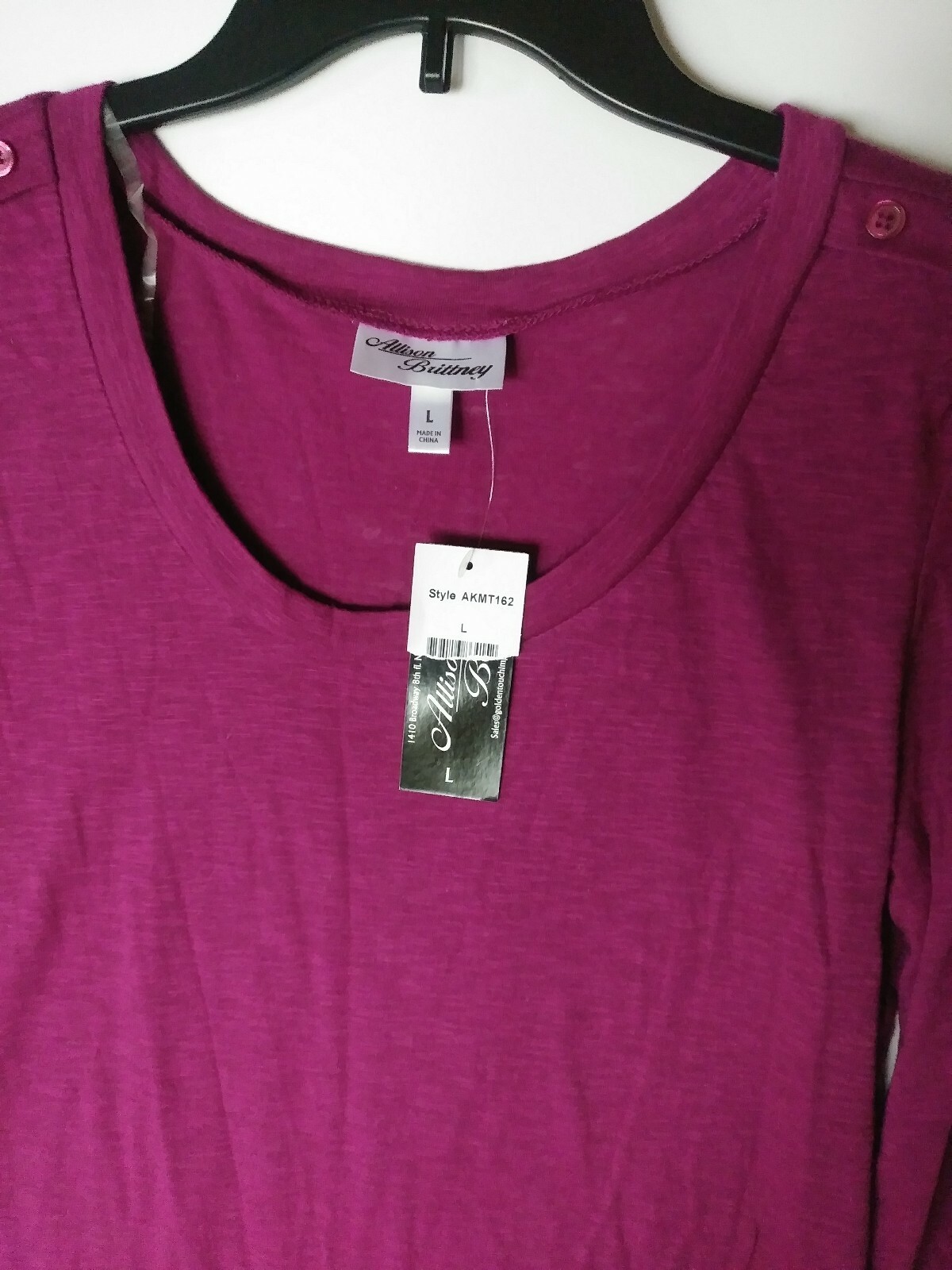 ALLISON BRITTNEY SIZE LARGE TOP SHIRT BERRY NWT AKMT162 COTTON & POLY WASH COLD