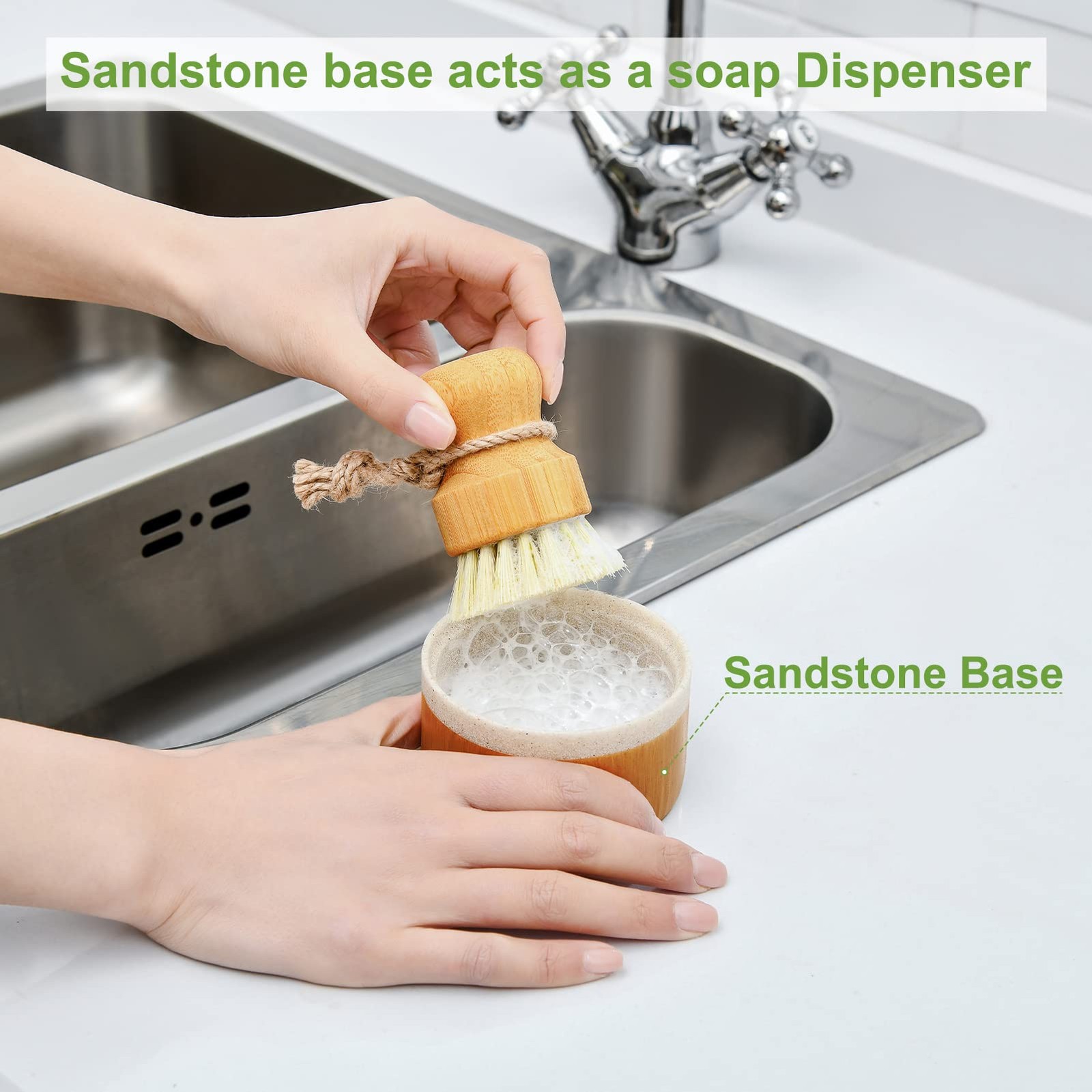 Bamboo Dish Brush Set with Soap Holder, Wooden Dish Scrubber with Soap Dispen…