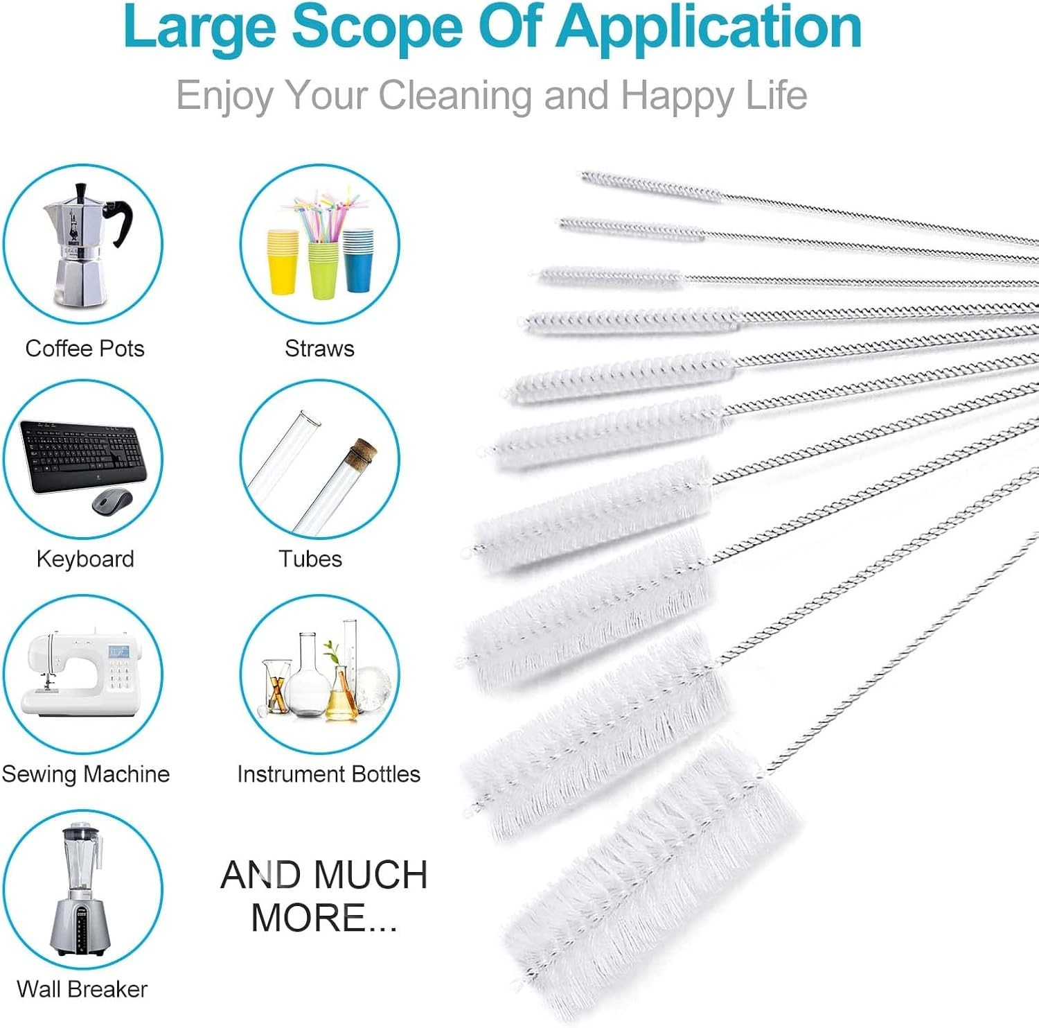 10-Pack Nylon Straw Cleaning Brushes–Stainless Steel Wire Drink Pipe Cleaner Kit