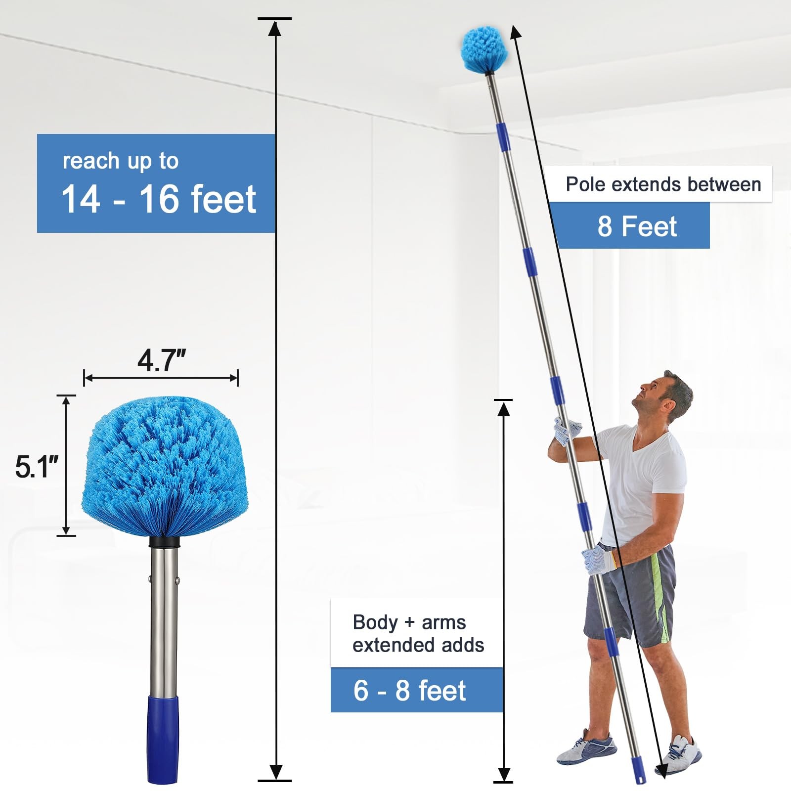 Cobweb Duster with Extension Pole 8 FT Lightweight Stainless Steel Extendabl…