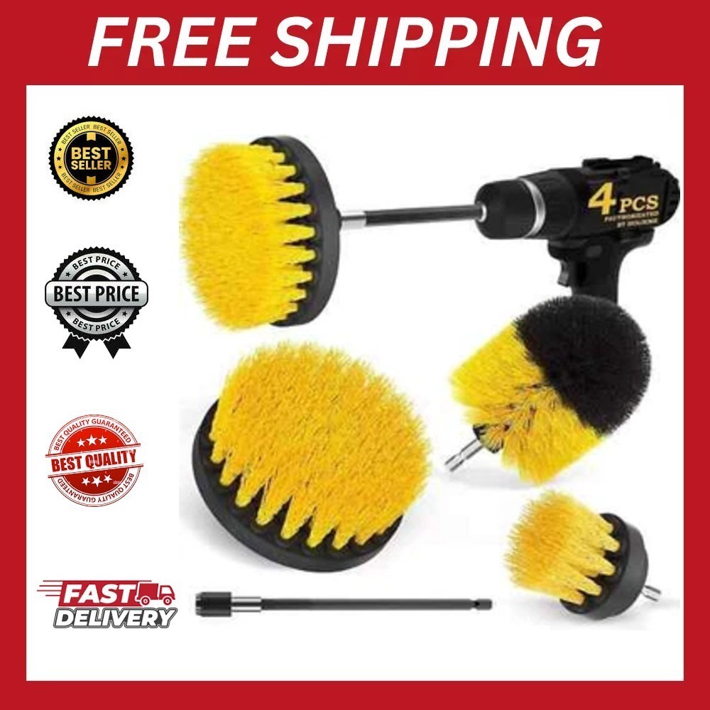 Drill Brush Set 4 Piece (Yellow) with 6″ Extension – Fast Free Shipping