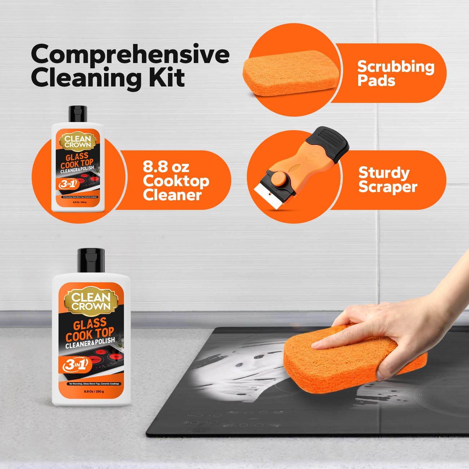 3in1 Cooktop Cleaner Kit 8.8 Oz Cooktop Cleaner + Scrubbing Pad + Scraper, St…