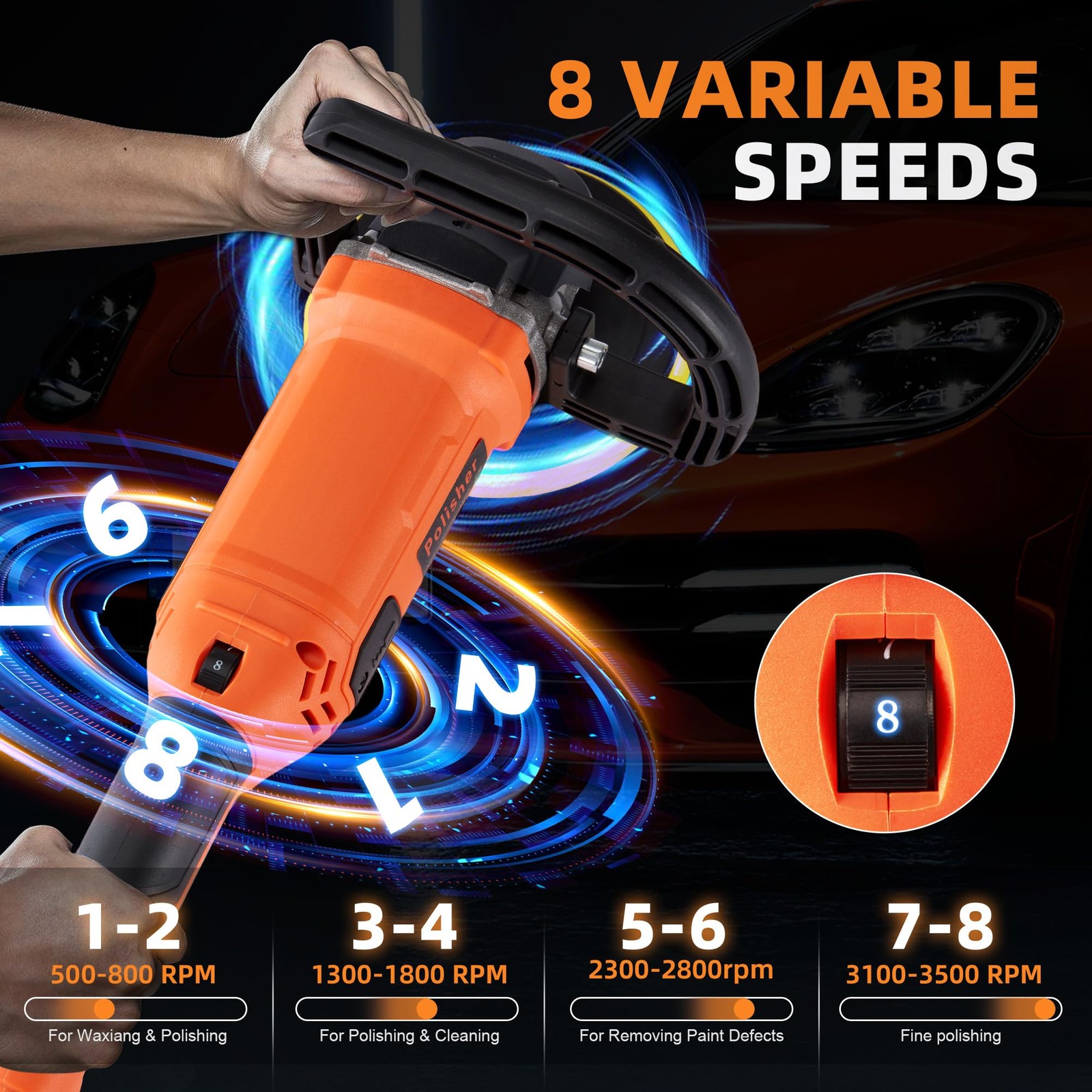 Buffer Polisher, 1600W 7 in 6 in Rotary Waxer, 8 Variable Speeds 500-3600 RPM