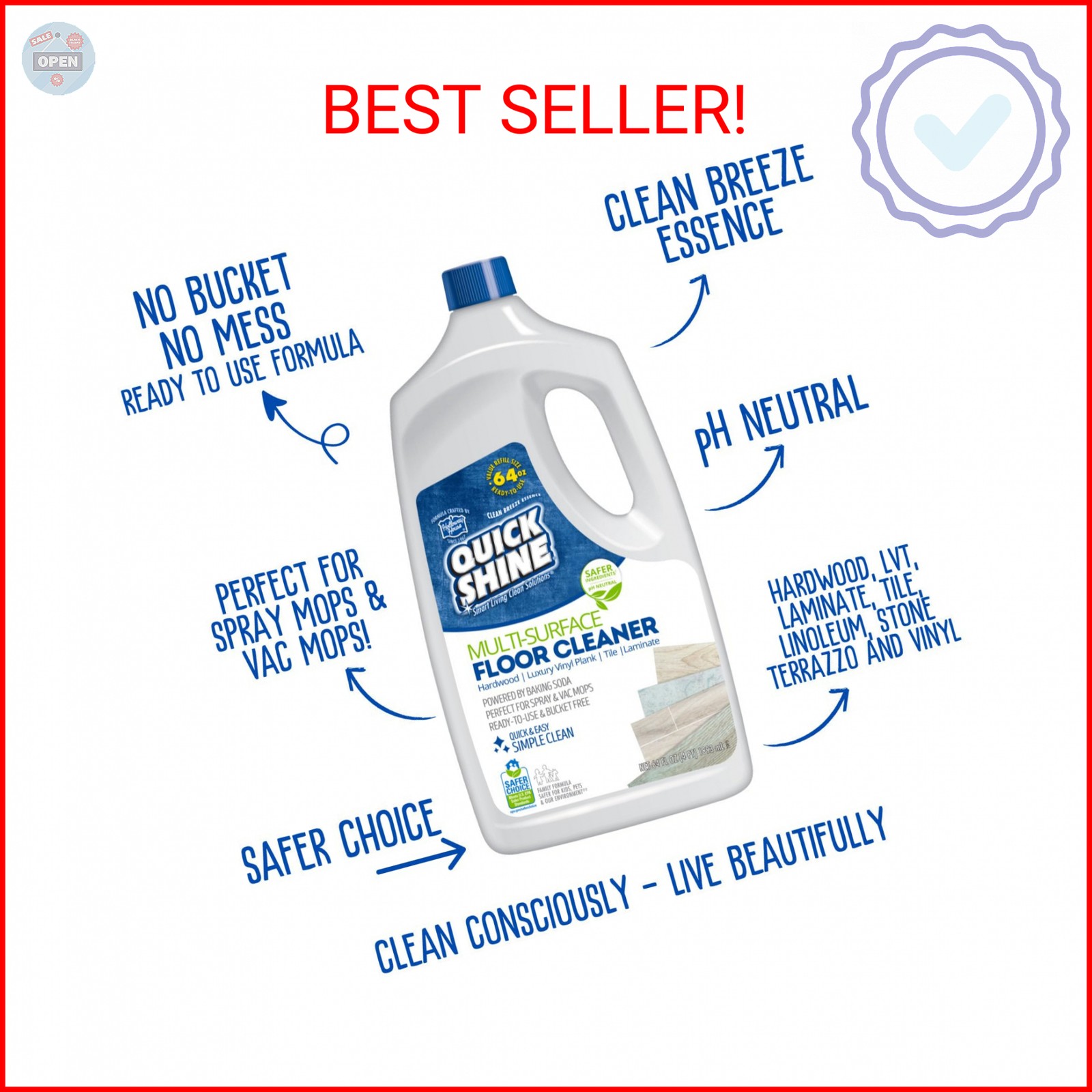 Quick Shine Multi Surface Floor Cleaner 64oz, Ready to Use-Streak Free-No Rinse,