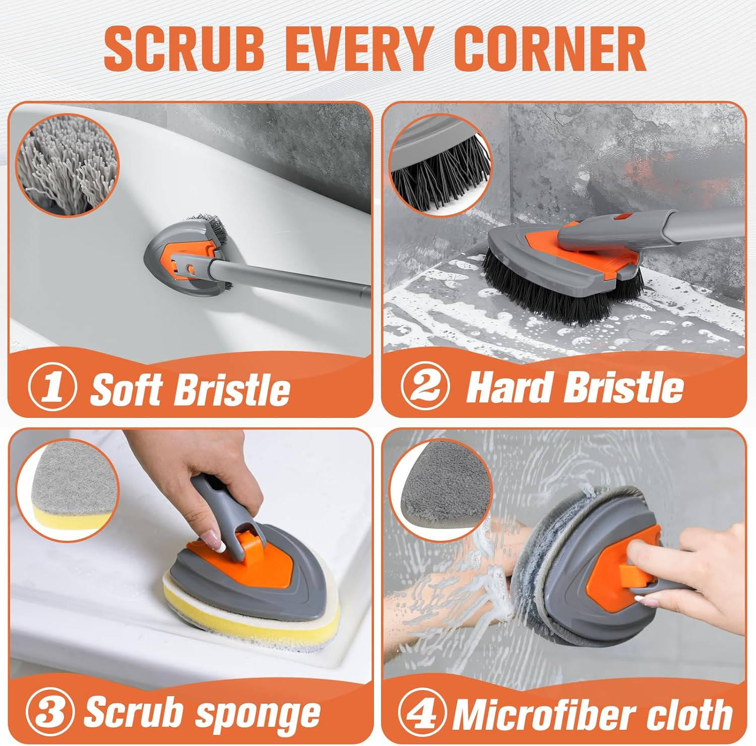 4-In-1 Long-Handled Tub Scrubber-Versatile Bathroom Cleaning Brush with Shower S