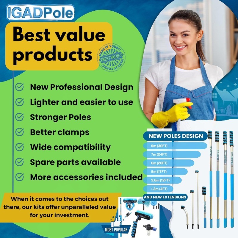 IGADPole 24 FT Water-Fed Washing Kit with Soap-Dispenser, Brush, 10″ Squeegee