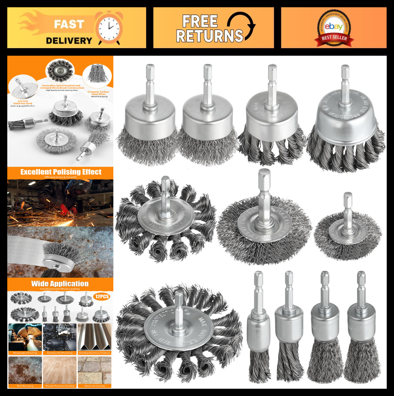 12 Pcs Heavy Duty Wire Brush Set for Drill, 1/4″ Hex Shank, Rust & Paint Removal