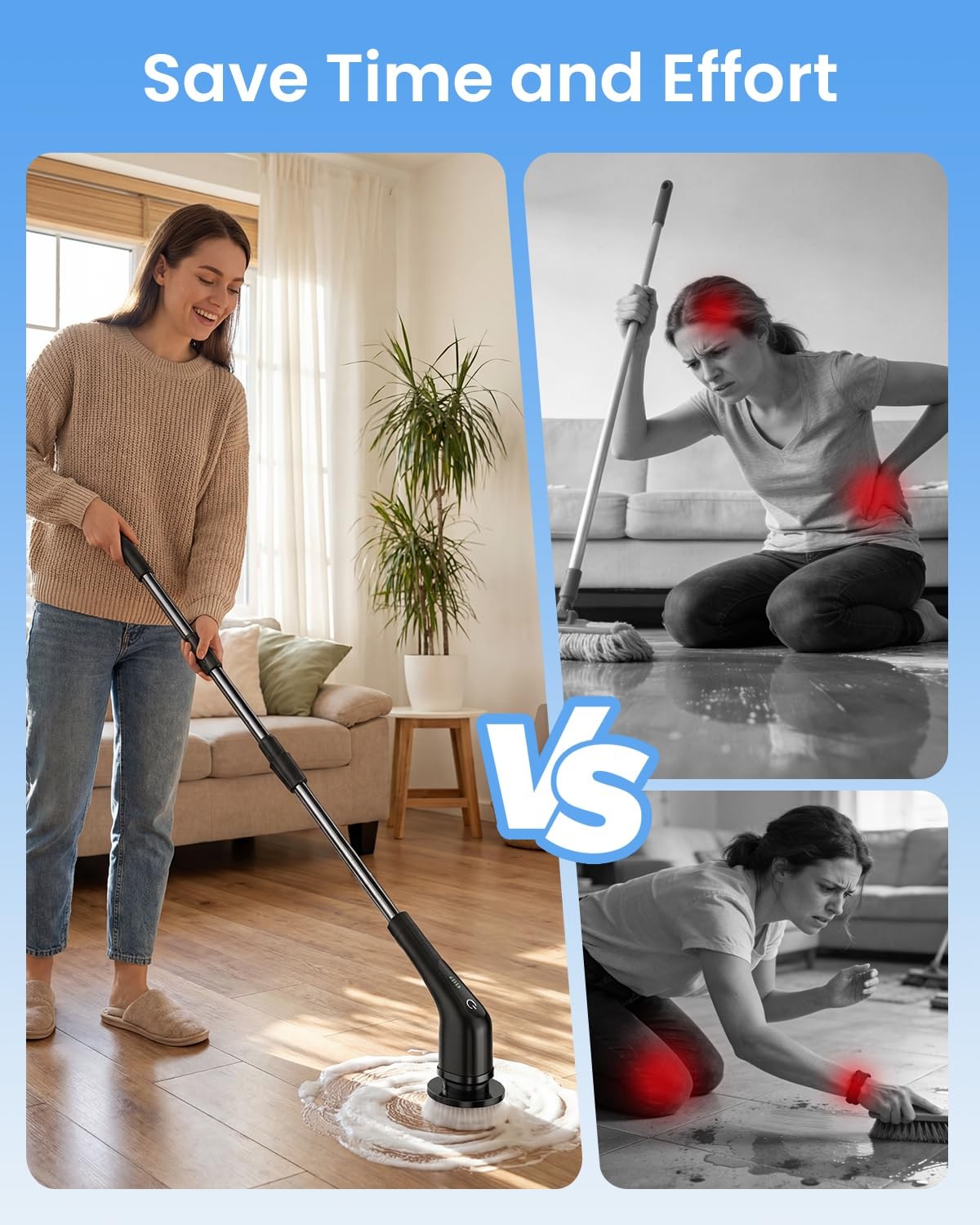 Electric Spin Scrubber Cordless 8 Replaceable Brush Heads 54 Inch Handle Dual
