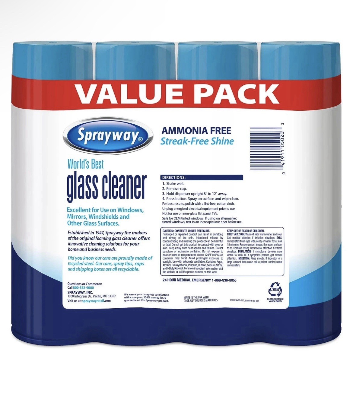 SHIPS FREE SAME DAY- Sprayway, Glass Cleaner, 19 Oz Cans, Pack of 4