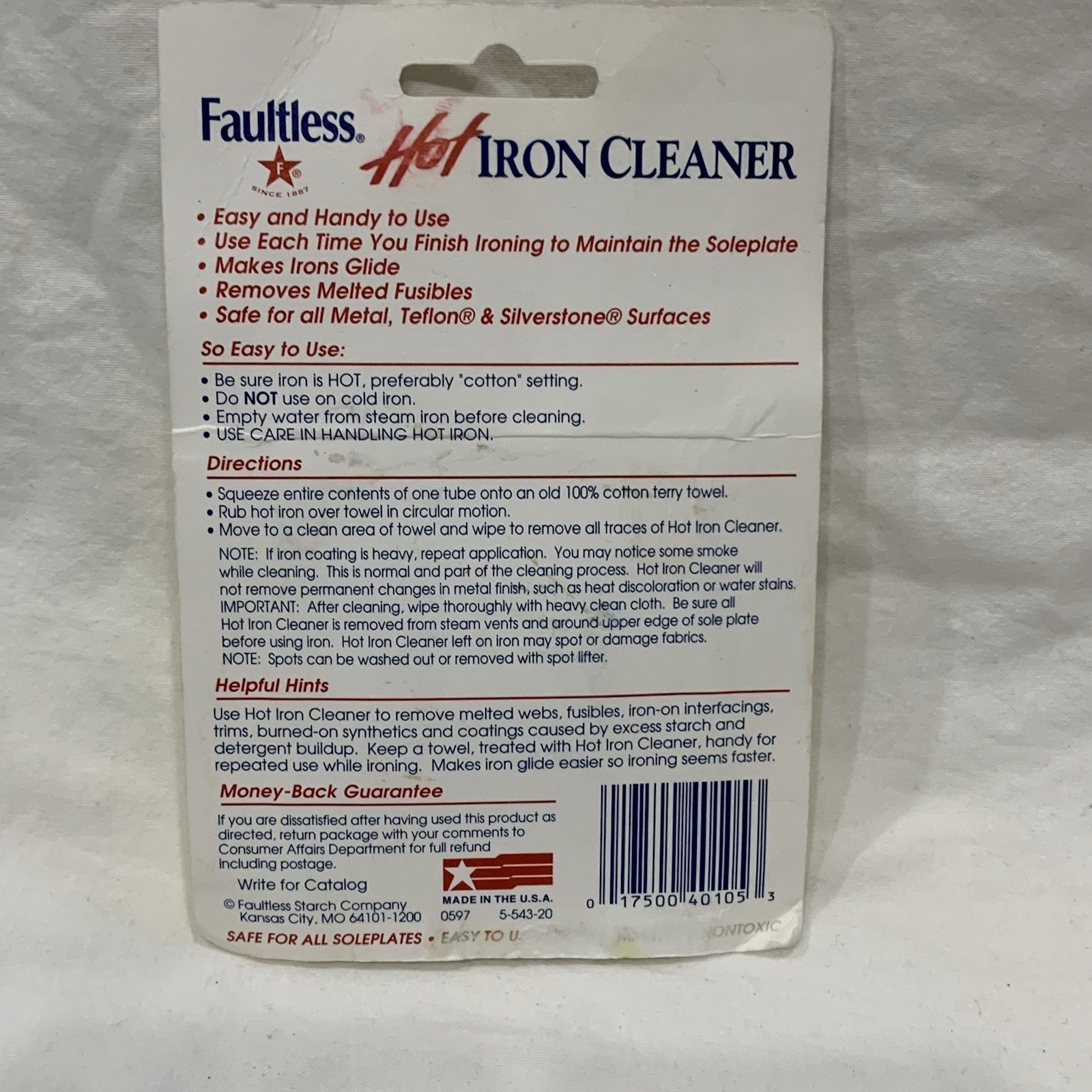 Faultless Hot Iron Cleaner .34 oz Vintage Package Made In USA NOS
