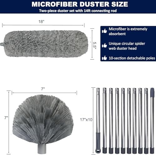 20 Ft+ High Reach Cobweb Dusting Kit with 3-14 Ft Extension Pole/Spider Web Brus
