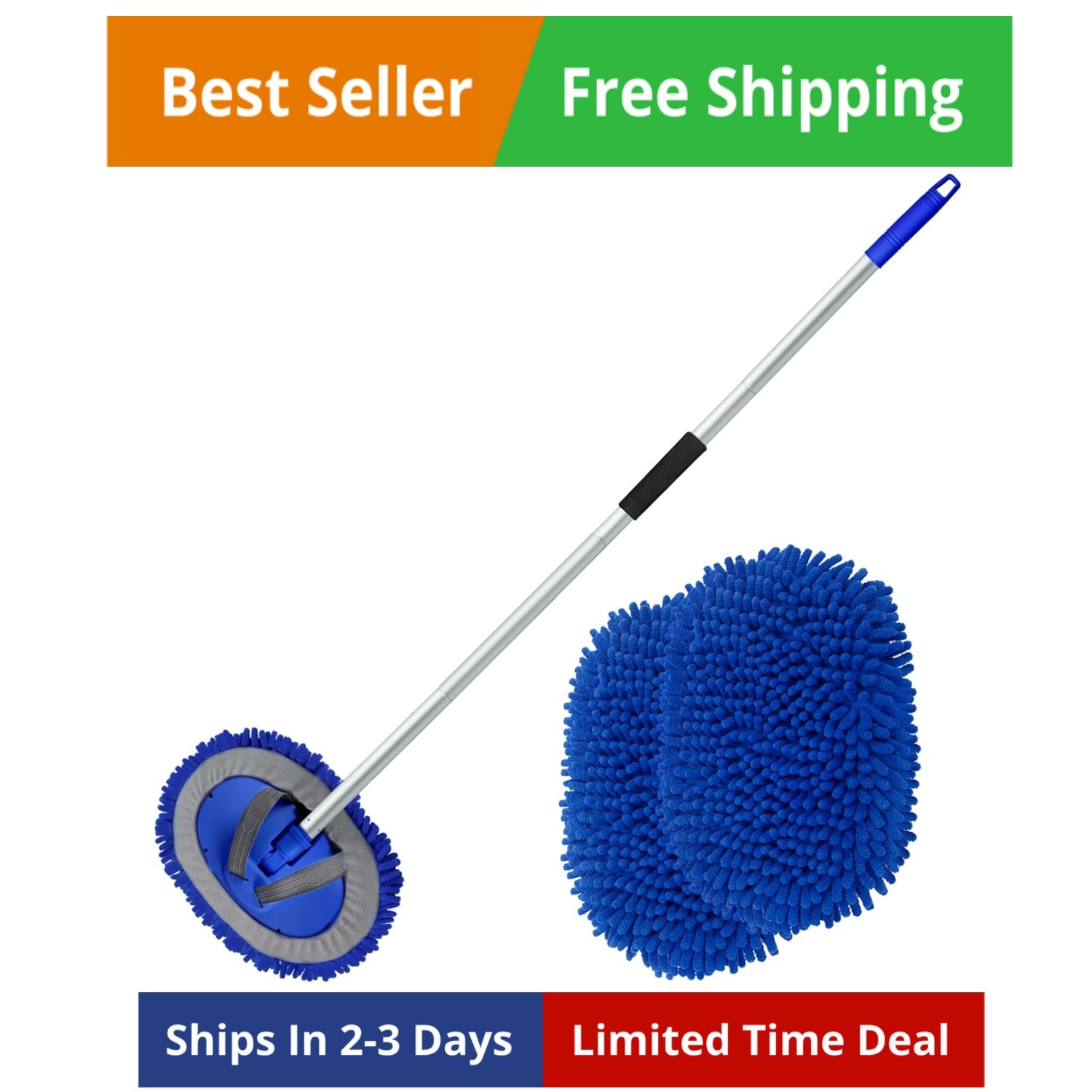 62″ Microfiber Car Wash Brush with Long Handle Car Washing Mop Kit Mitt Spong…