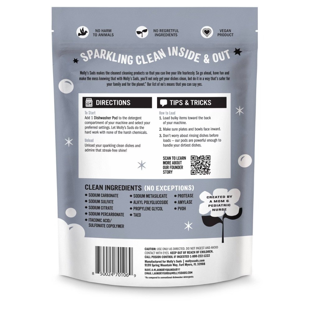 Molly’s Suds Dishwasher Pods, Unscented, 45ct, Paraben/Phosphate-Free, Vegan