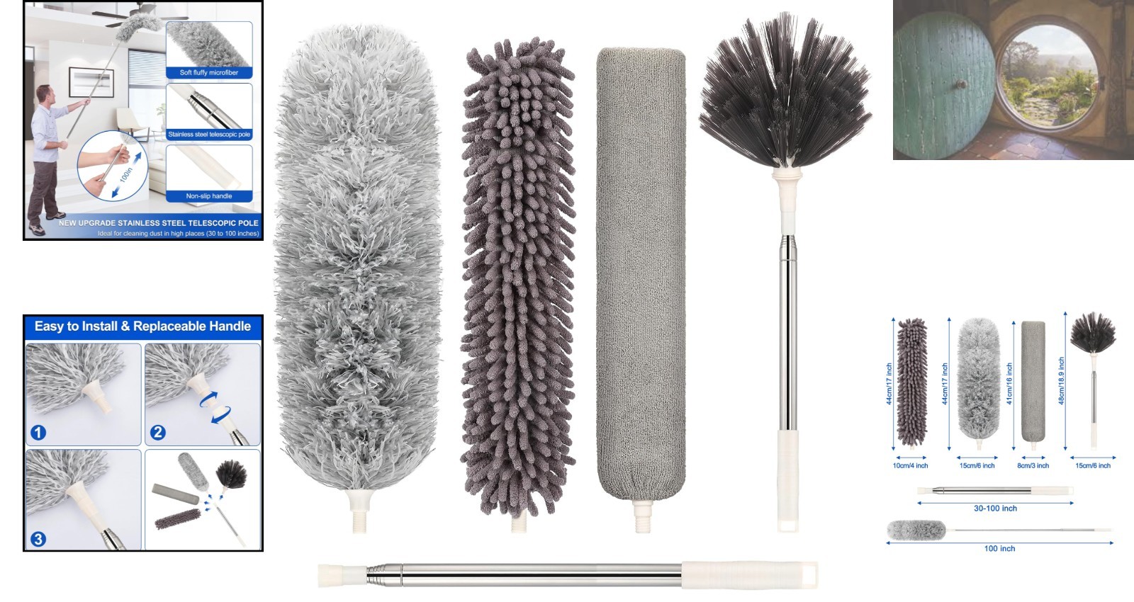 Extendable Microfiber Duster 30-100 Inches with Bendable Head & Brushes Kit