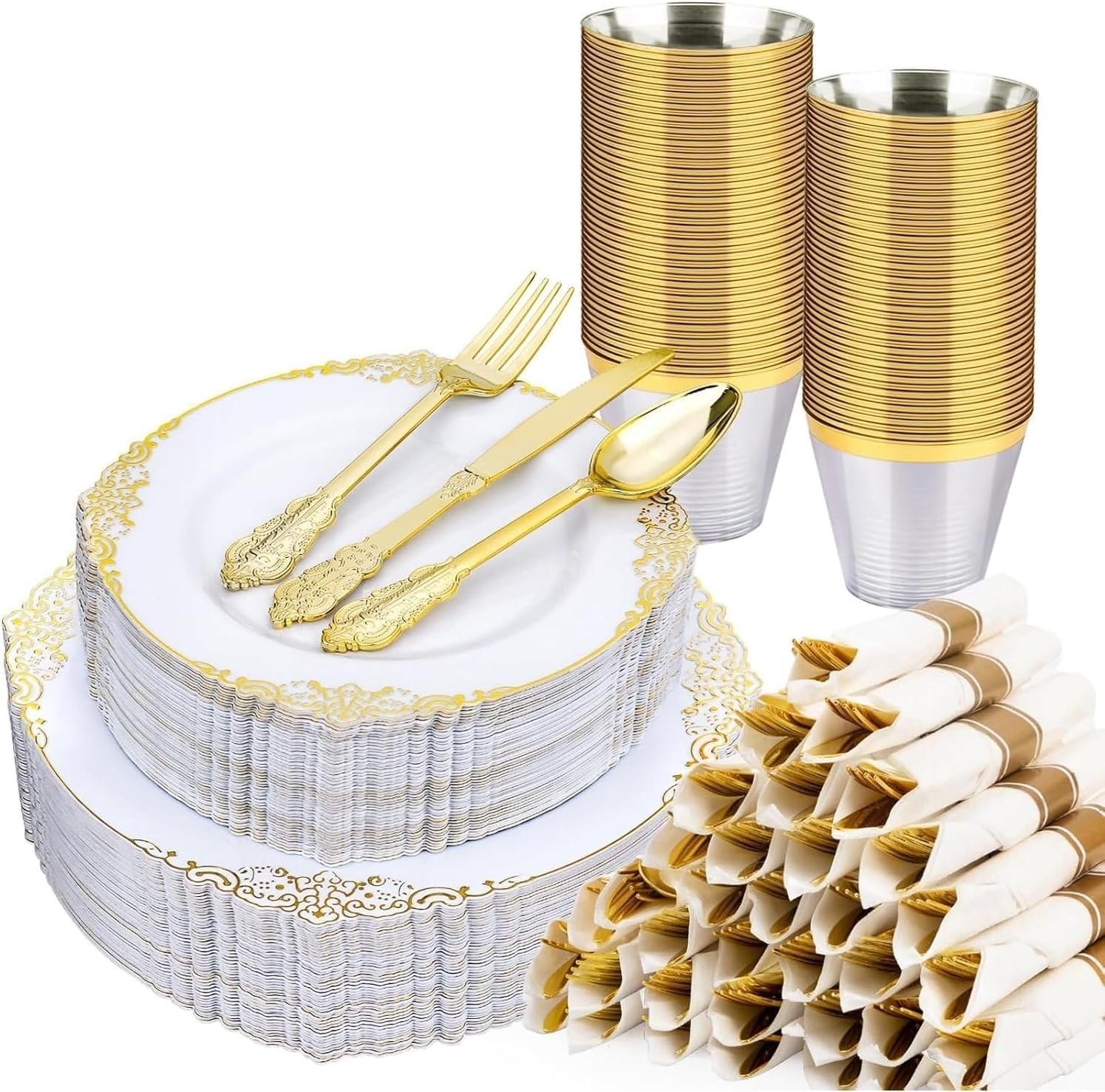 Realluck 350 PCS White and Gold Plastic Plates, Plastic Dinnerware Set for 50
