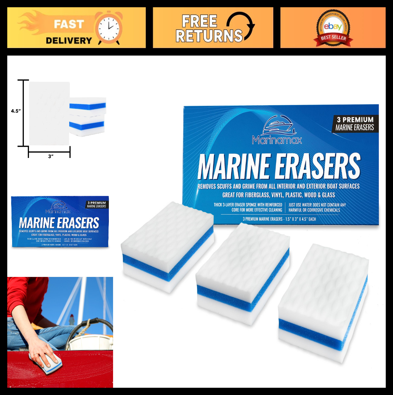 Marine Boat Cleaner Eraser 3-Pack | Non-Toxic Scuff & Dirt Remover | Easy Water
