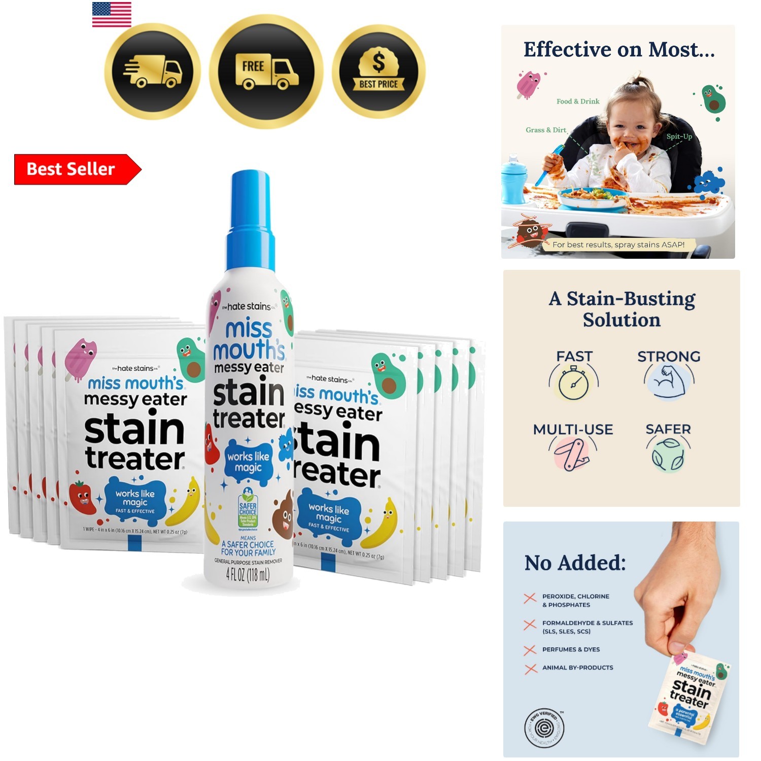 Messy Eater Stain Treater Spray – 4oz & 10 Wipes Stain Remover – Newborn & Ba…