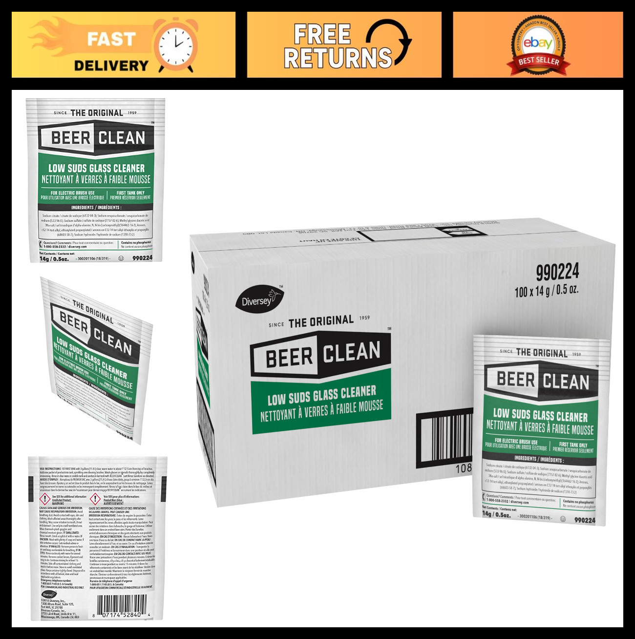 Low Suds Glass Cleaner for Barware & Glassware – 100 Pack, 0.5oz Powder Packets