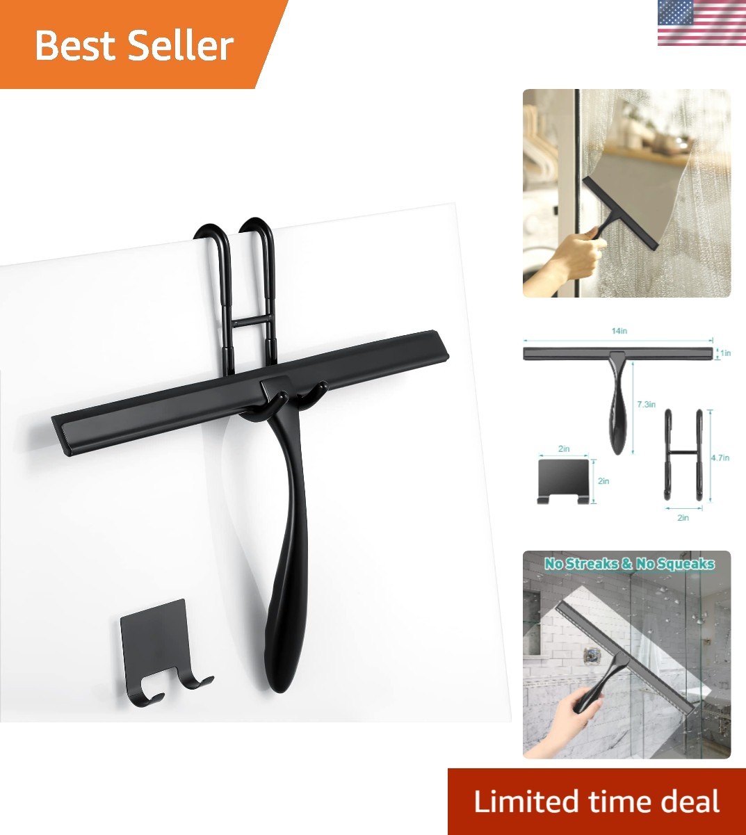 All-Purpose 14-Inch Shower Squeegee with Matte Black Finish & Hooks Included