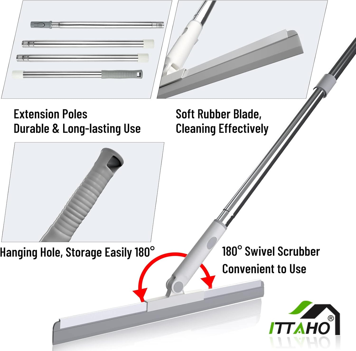 Floor Squeegee, Squeegee Broom for Floor with 62″ Long Handle, Shower Squeegee f