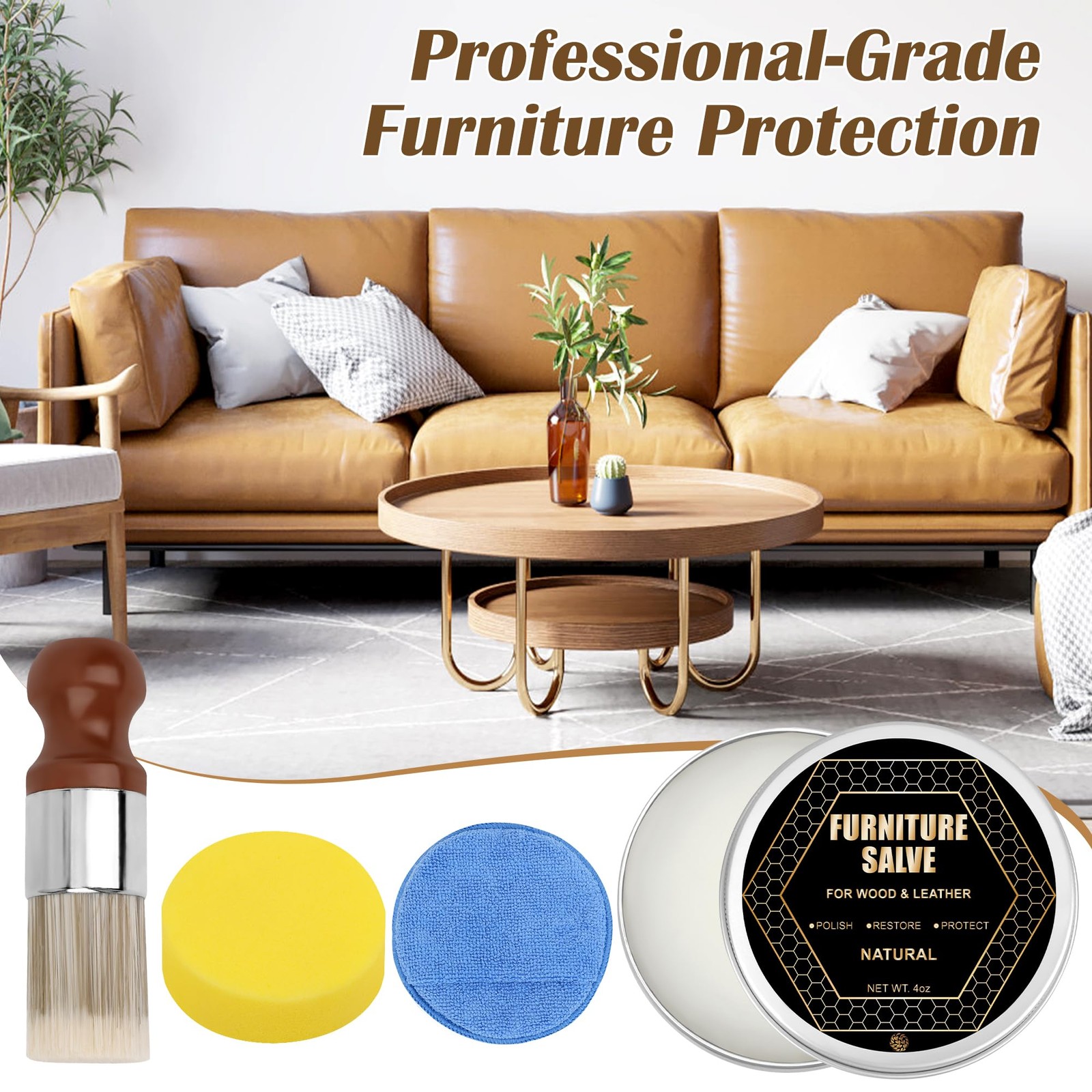 1+3 Furniture Salve for Leather & Wood with Brush Set, Cream & Wax Restorer f…