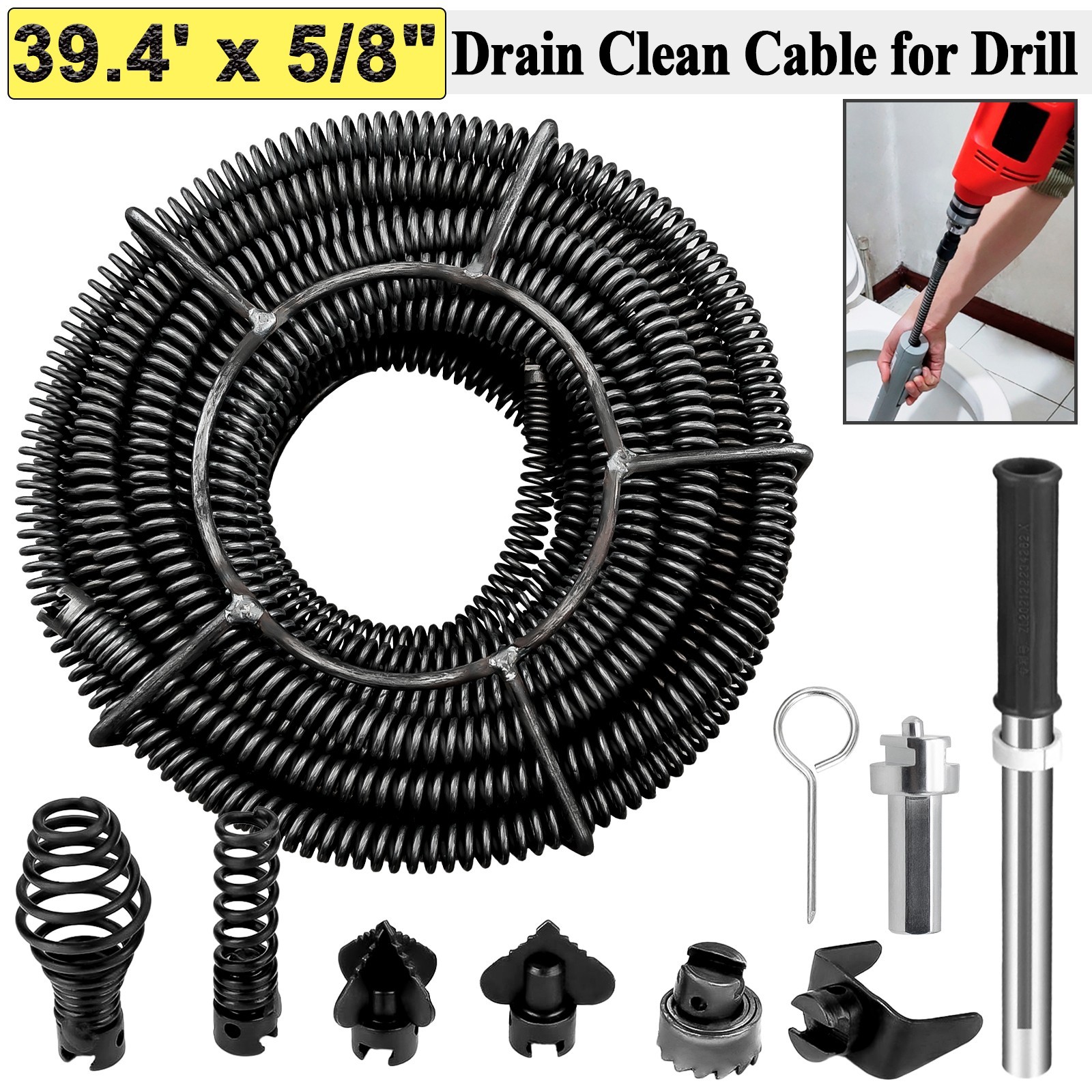 39.4′-65′ Drain Cleaner Auger Cable Replacement Snake Pipe Sewer Wire Snake Spri
