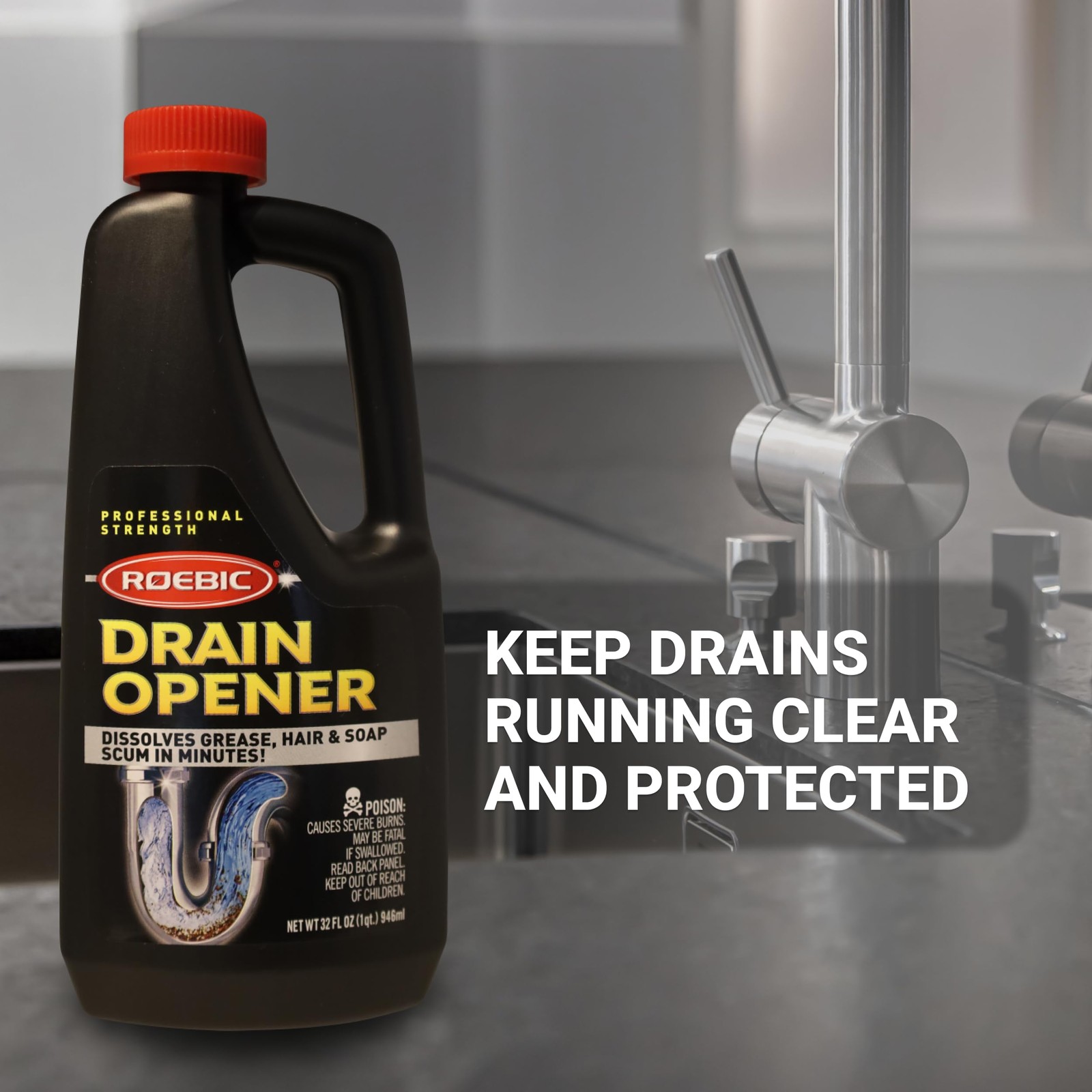 Roebic Liquid Drain Cleaner, Kitchen Sink Grease and Pipe Clog Remover 32 fl oz