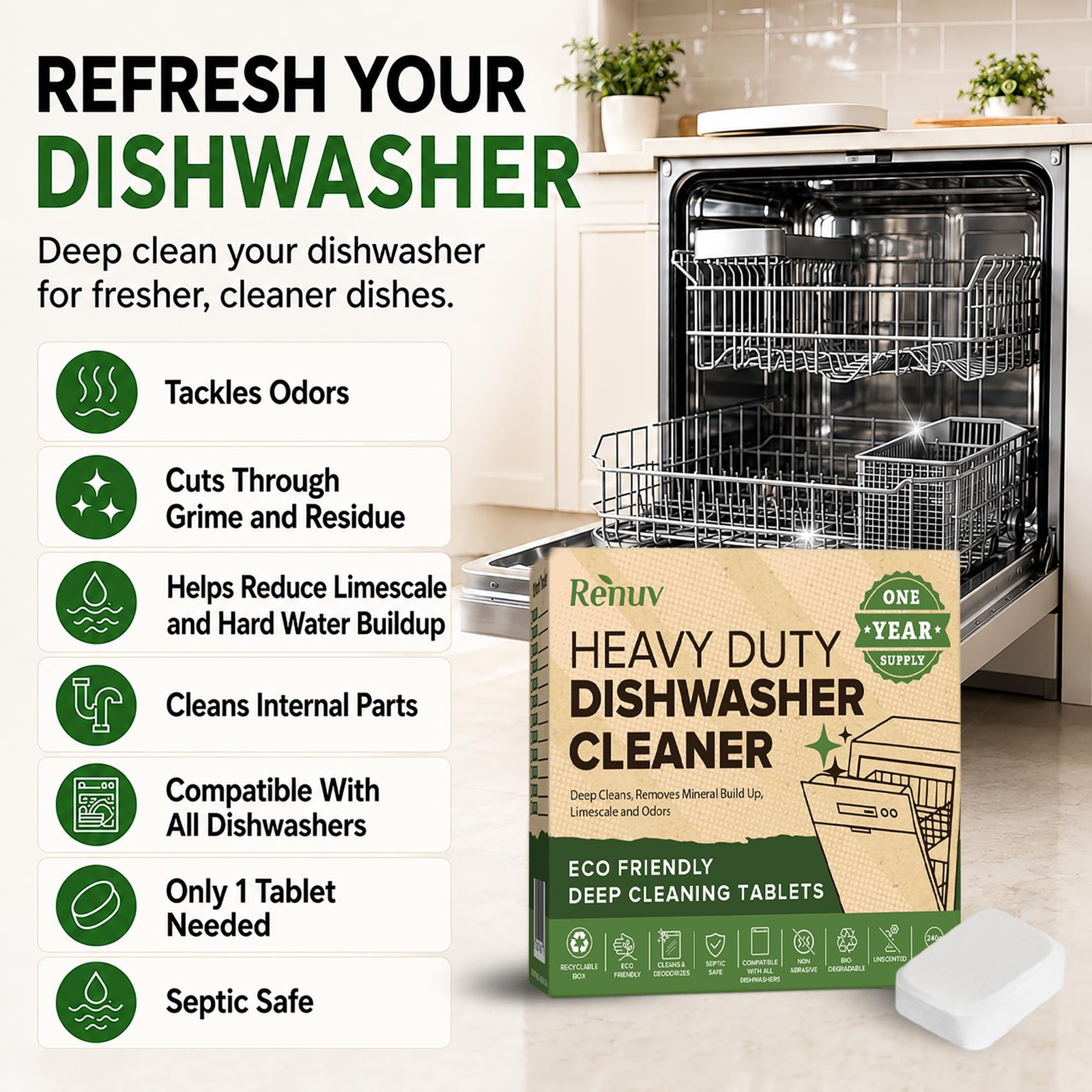 ® Heavy Duty Dishwasher Cleaner & Deodorizer, Descaler, 12 XL Tablets