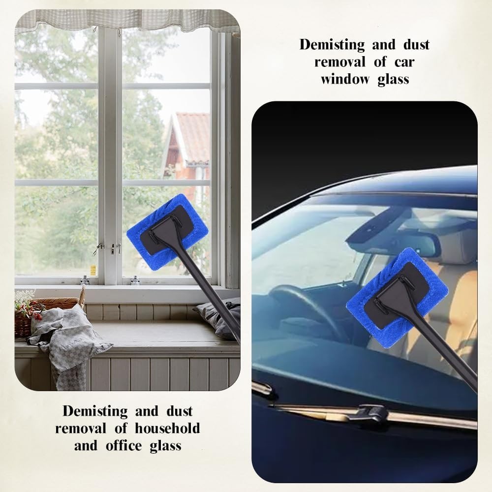 Car Windshield Cleaning Tool – 2 Reusable Microfiber Pads & 1 Flexible Handle