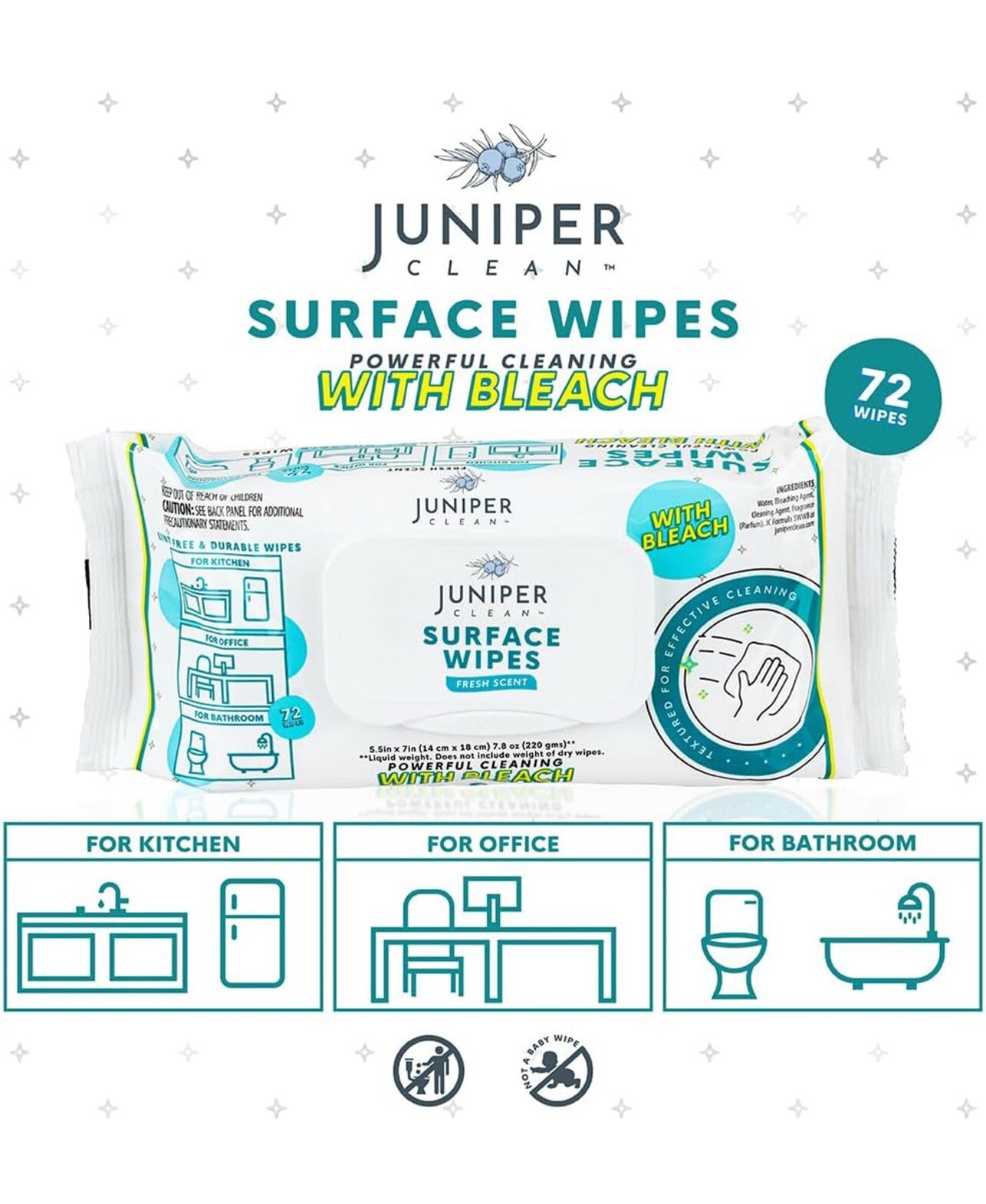 864-JUNIPER CLEAN SURFACE WIPES FRESH SCENT POWERFUL CLEANING WBLEACH 12pks